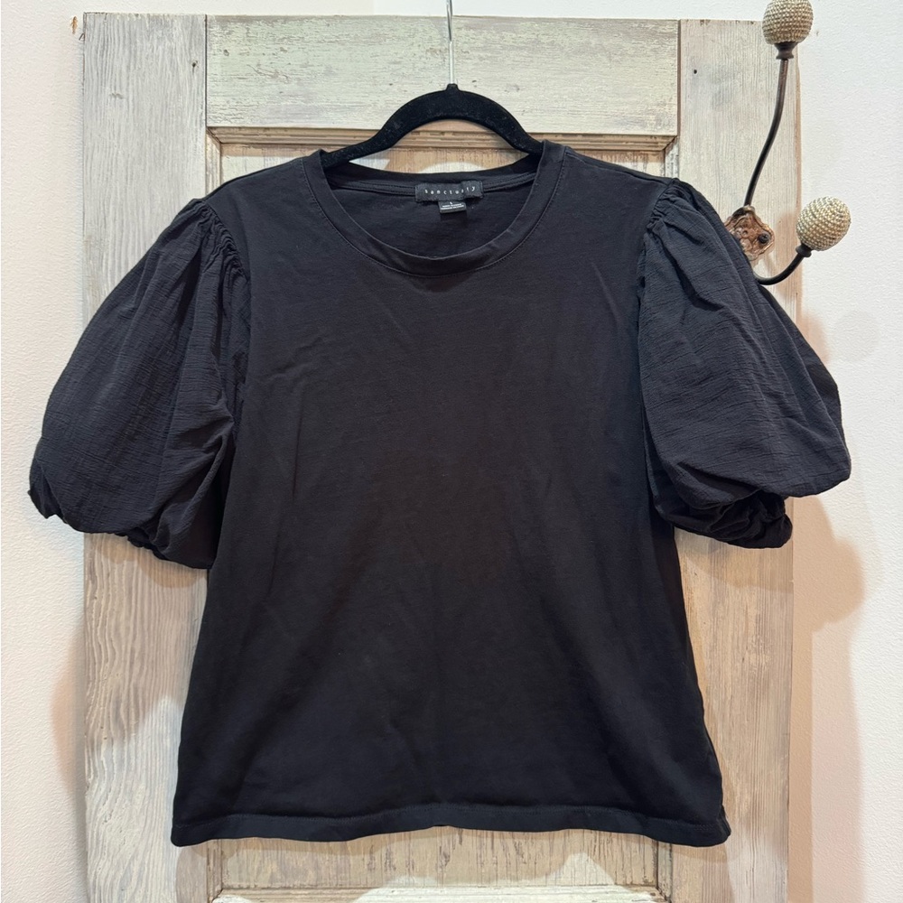 Sanctuary Puff Sleeve Organic Cotton Black Top L